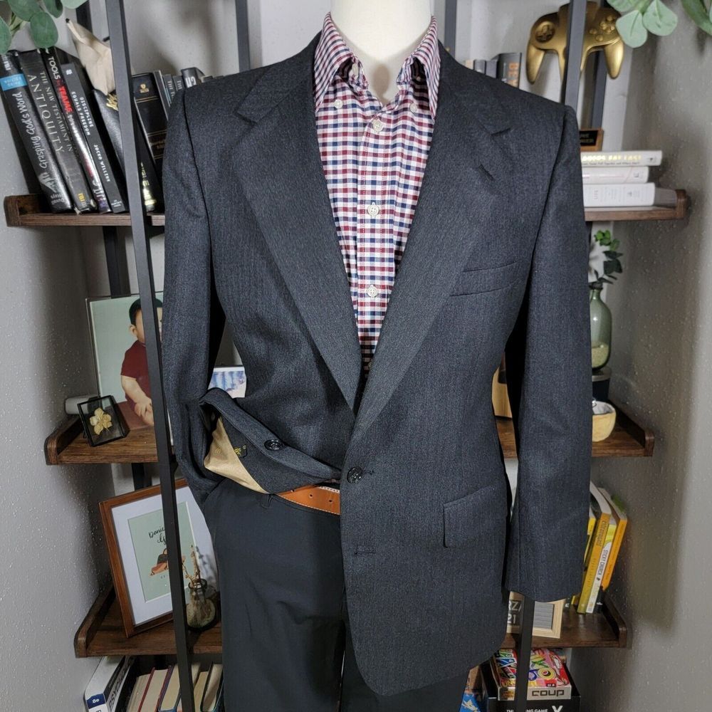 VTG Bill Blass Men's‎ Sport Coat Two Button Charcoal Gray Herringbone Wool 43R